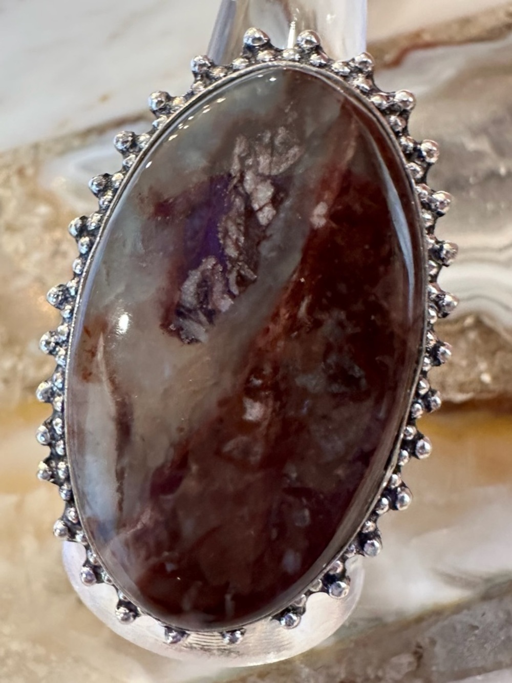 2533 Artisan Silver Ring with Deep Brown Mexican Laguna Lace Stone